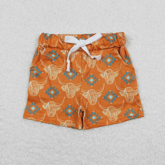 SS0208 Highland Cow Aztec Print Boys Summer Western Shorts