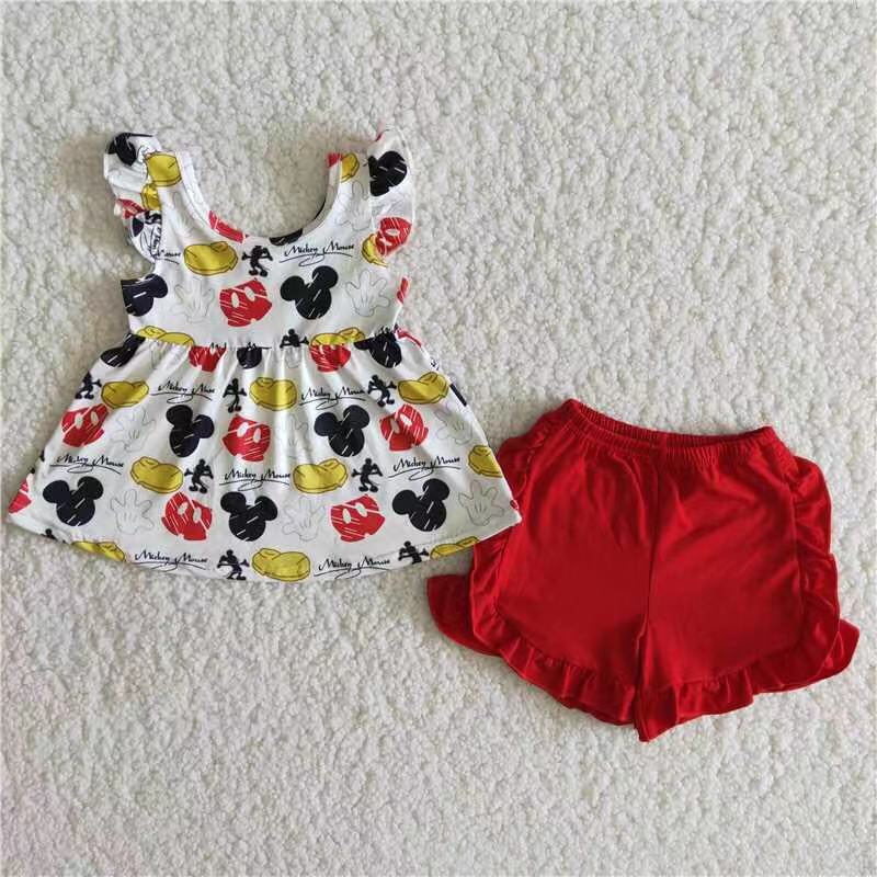 (Promotion)B15-16Girls flutter sleeve cartoon mouse red shorts summer clothing set B15-16