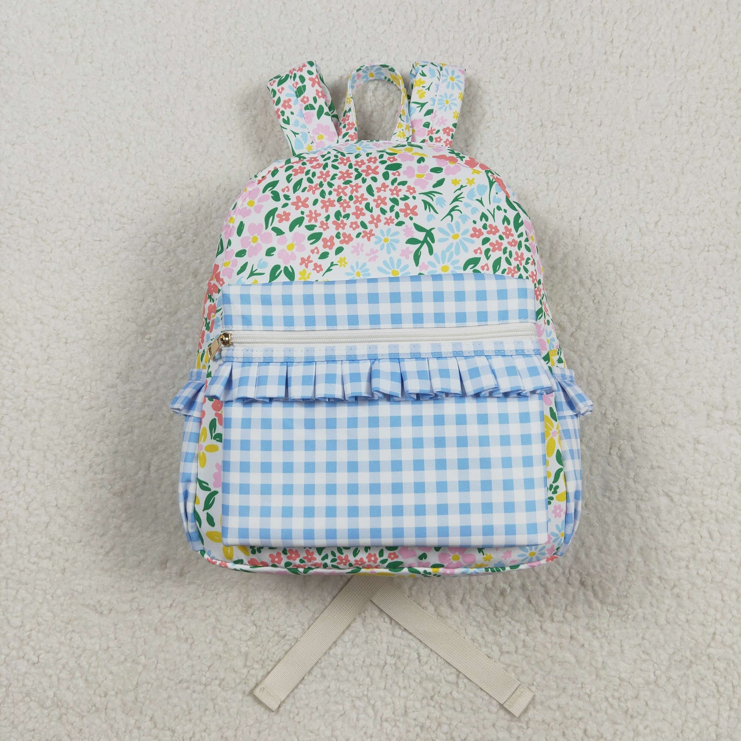 BA0097 Girls Bag Flowers Blue Plaid Print Backpack