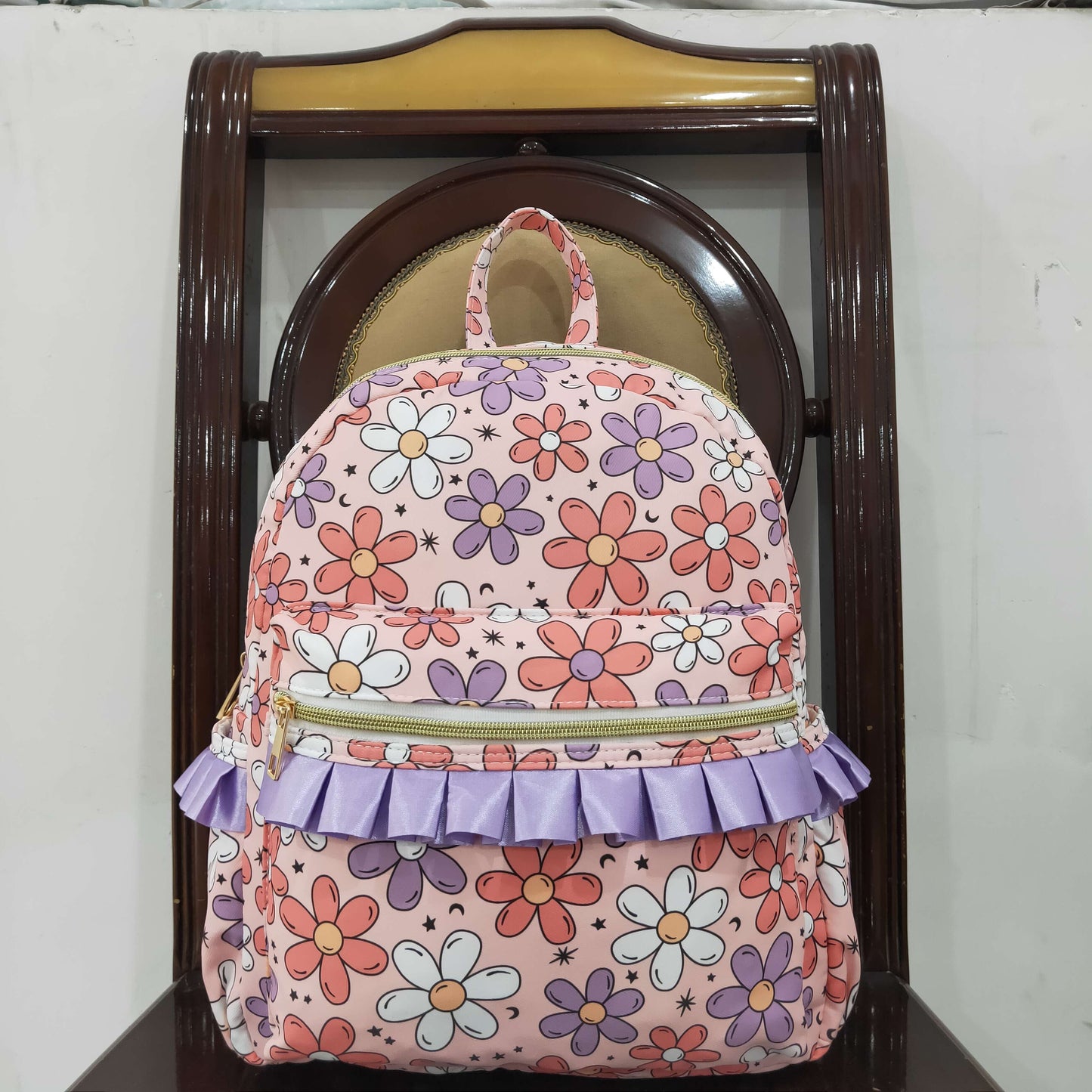 USA-Shop BA0240 Pink Flowers Print Ruffle Backpack Girls Bags