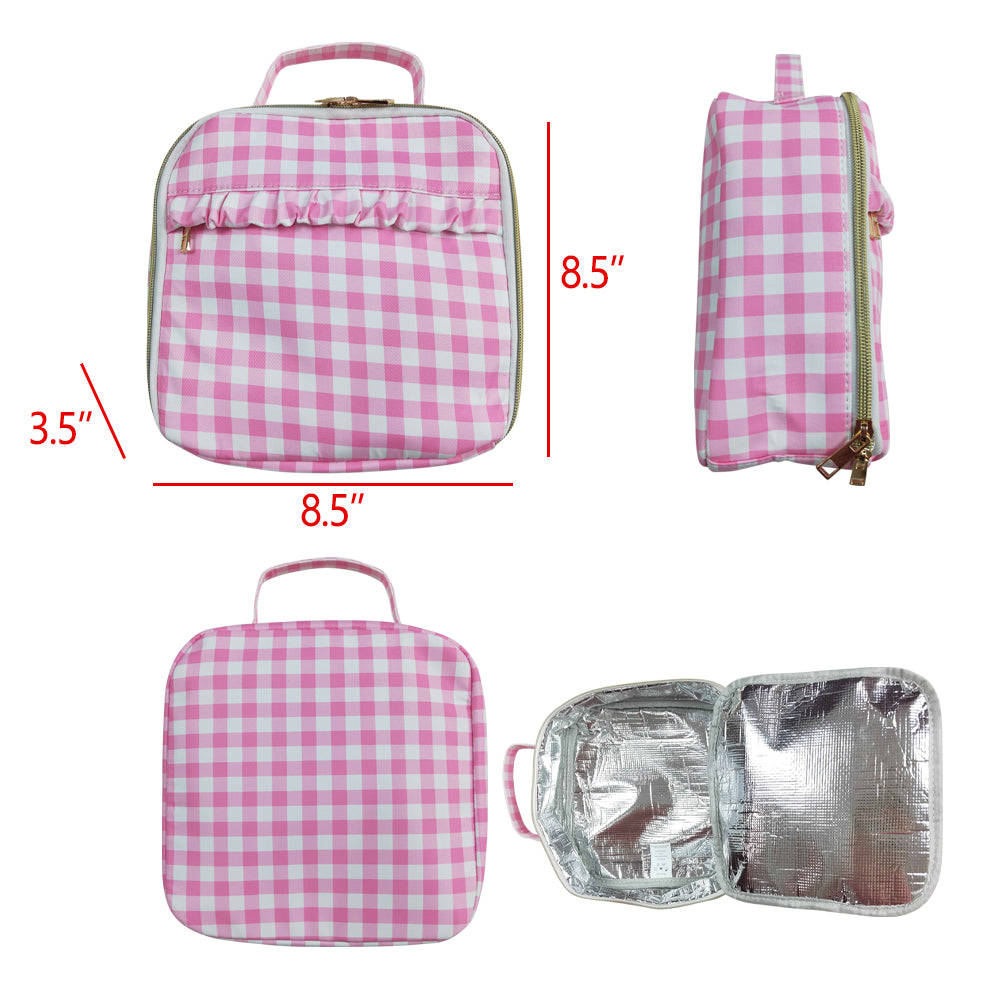 Pink Plaid Print Ruffle Girls Go to School Bags Overnight Bag Backpack Lunch Boxes