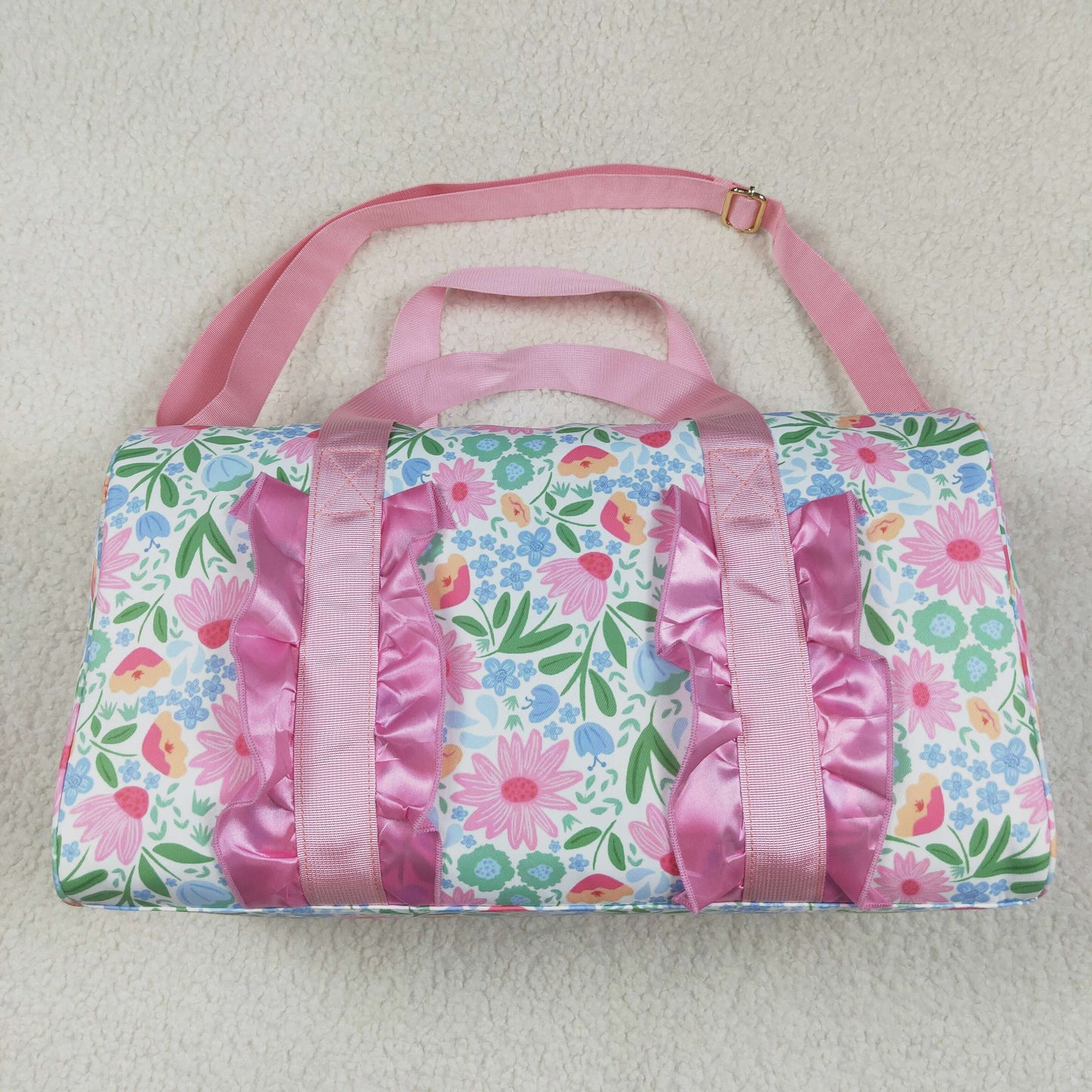 BA0290 Small Flowers Pink Print Ruffle Gym Bag Overnight Bags