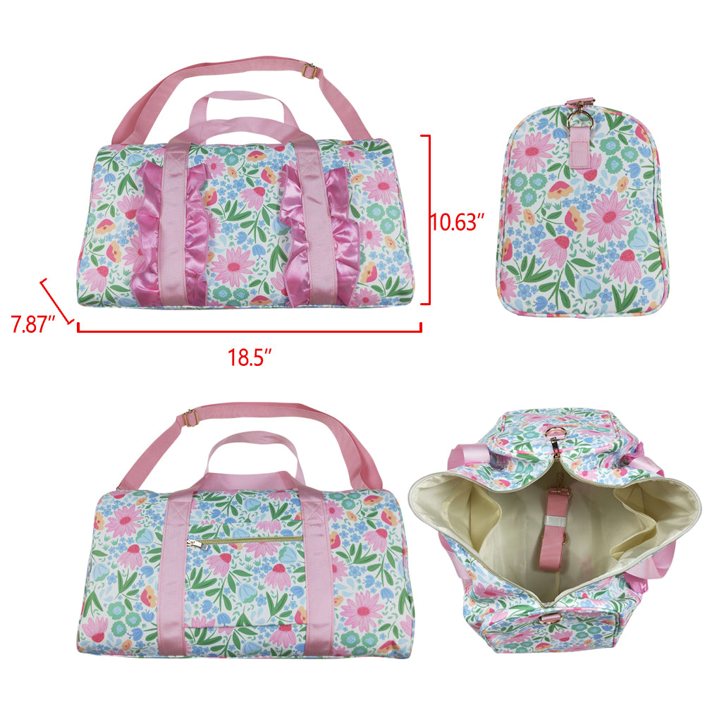 BA0290 Small Flowers Pink Print Ruffle Gym Bag Overnight Bags