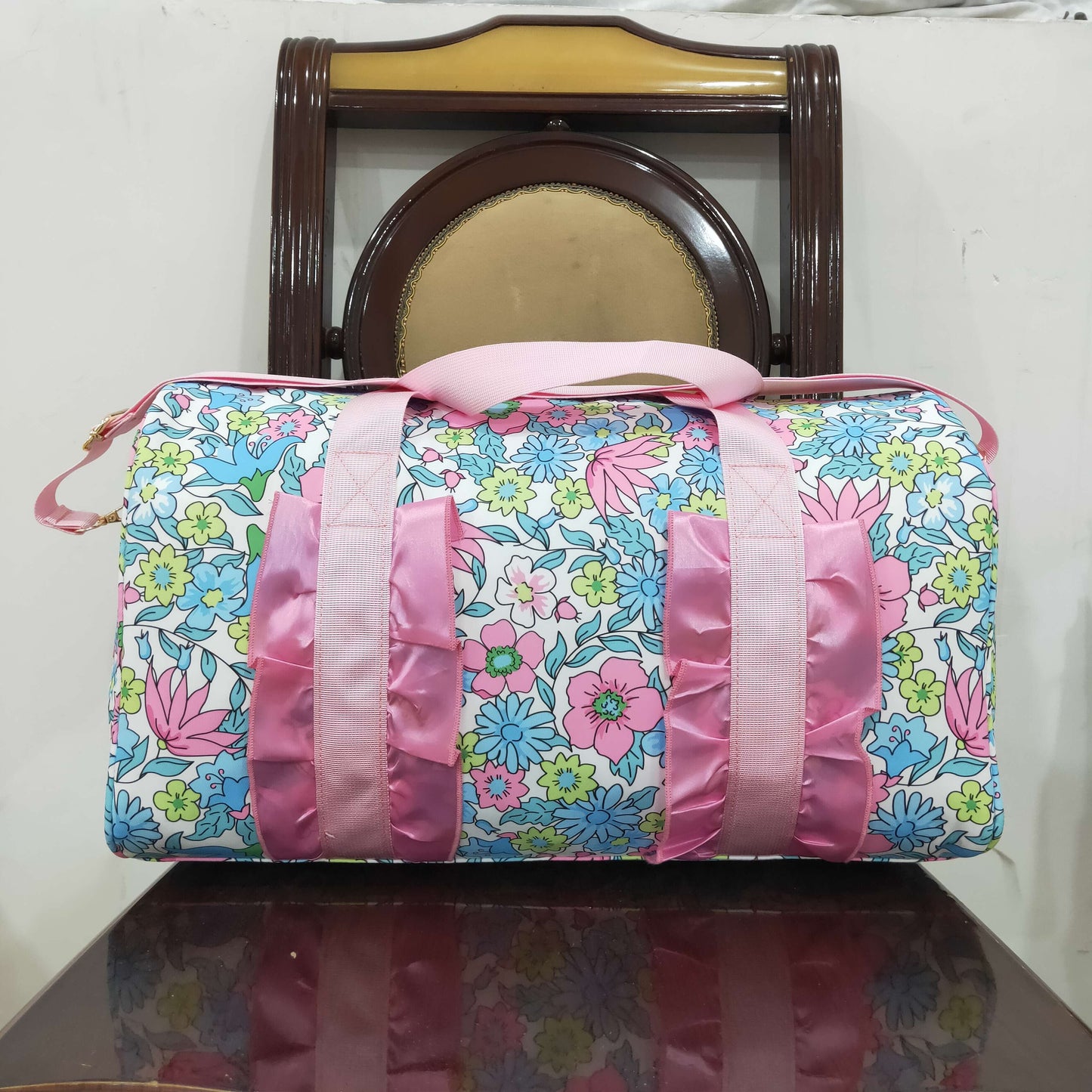 BA0291 Colorful Flowers Print Ruffle Gym Bag Overnight Bags