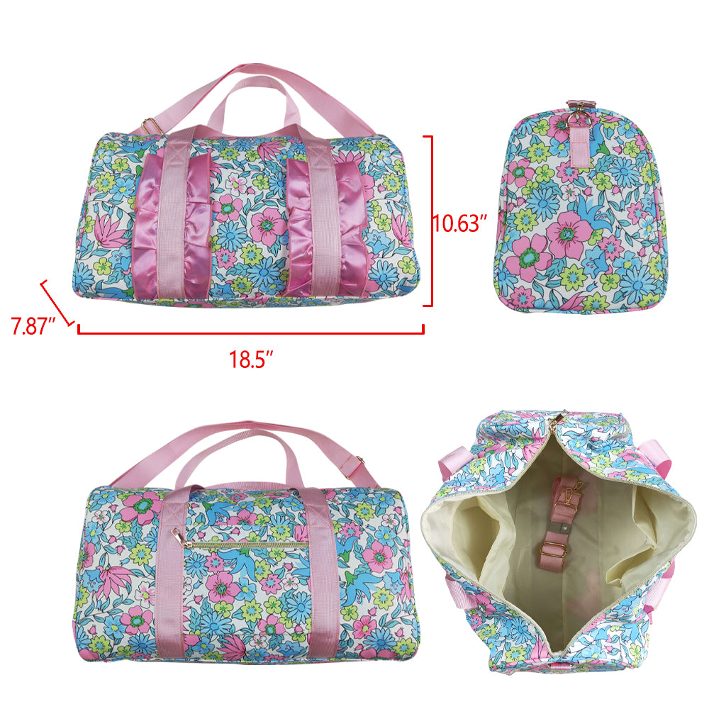 BA0291 Colorful Flowers Print Ruffle Gym Bag Overnight Bags