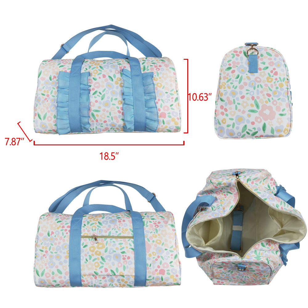 BA0292 Small Flowers Blue Print Ruffle Gym Bag Overnight Bags