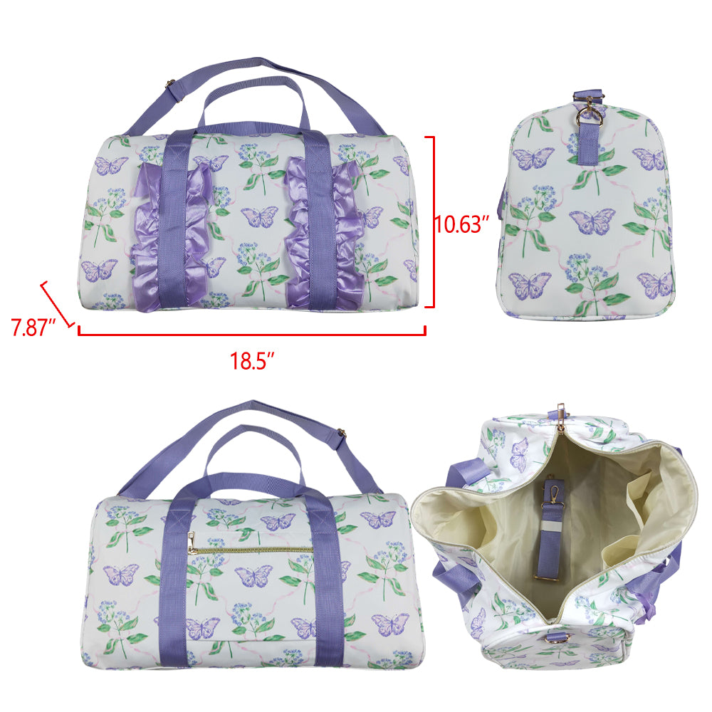 BA0293 Flowers Butterfly Print Ruffle Gym Bag Overnight Bags