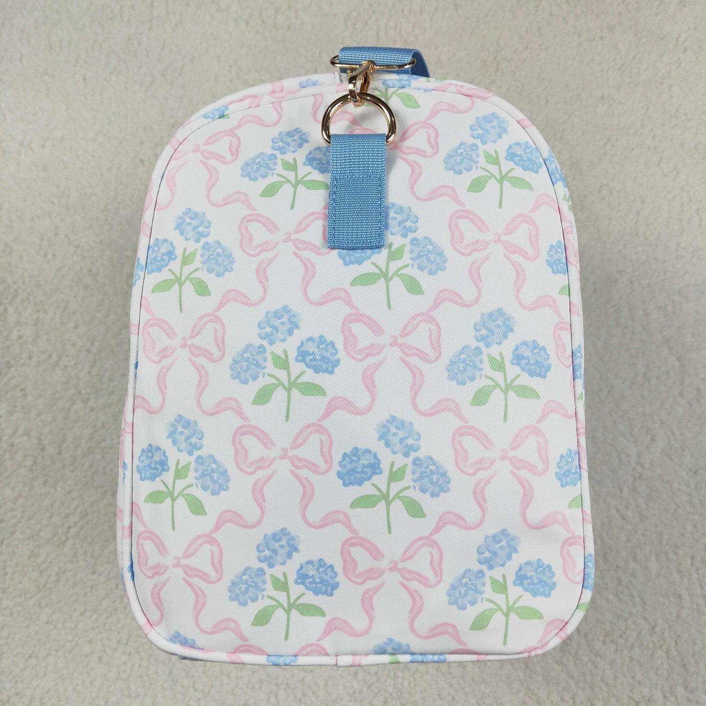 BA0294 Blue Flowers Pink Bows Print Ruffle Gym Bag Overnight Bags