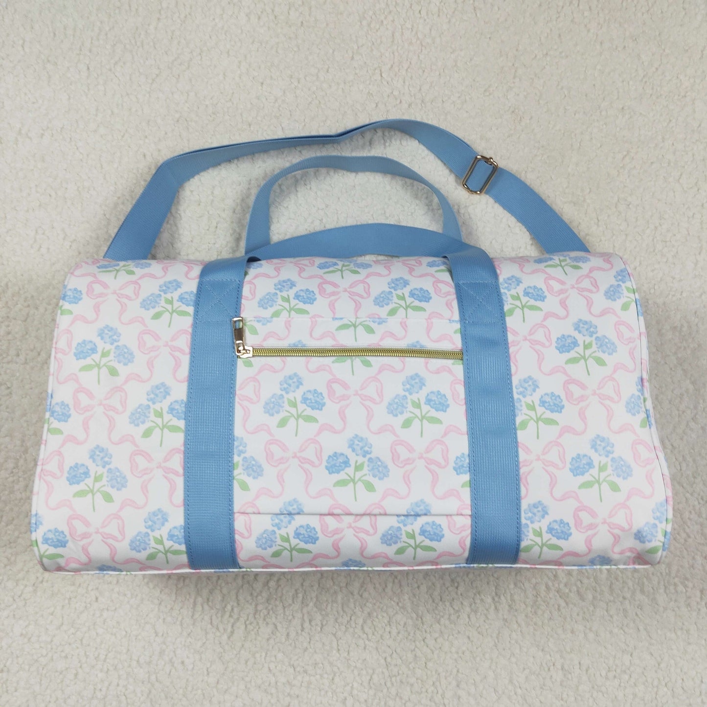 BA0294 Blue Flowers Pink Bows Print Ruffle Gym Bag Overnight Bags