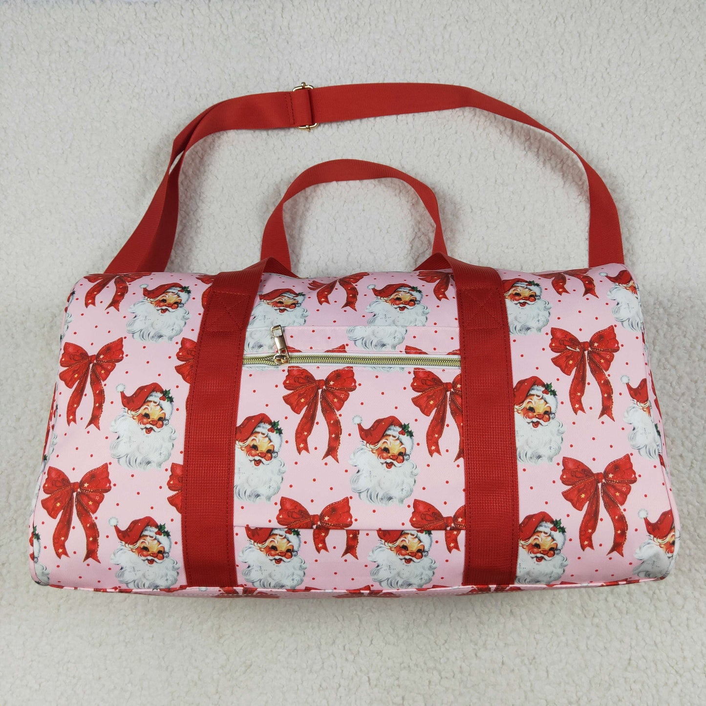BA0306 Red Bows Santa Print Girls Gym Bag Christmas Overnight Bags