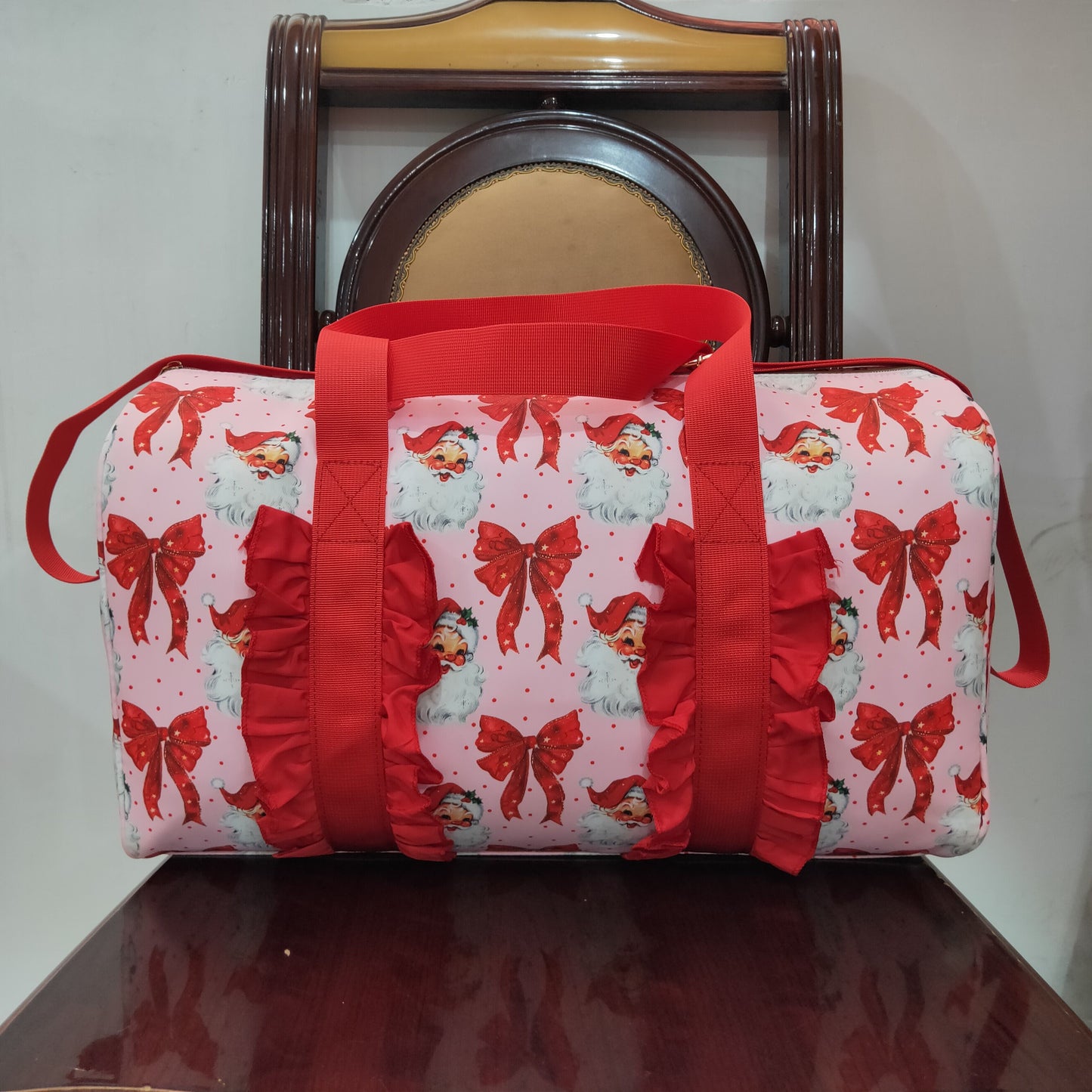 BA0306 Red Bows Santa Print Girls Gym Bag Christmas Overnight Bags