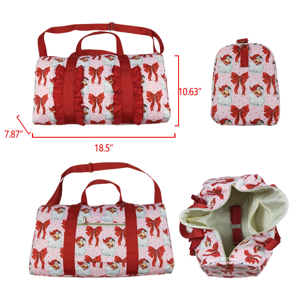 BA0306 Red Bows Santa Print Girls Gym Bag Christmas Overnight Bags