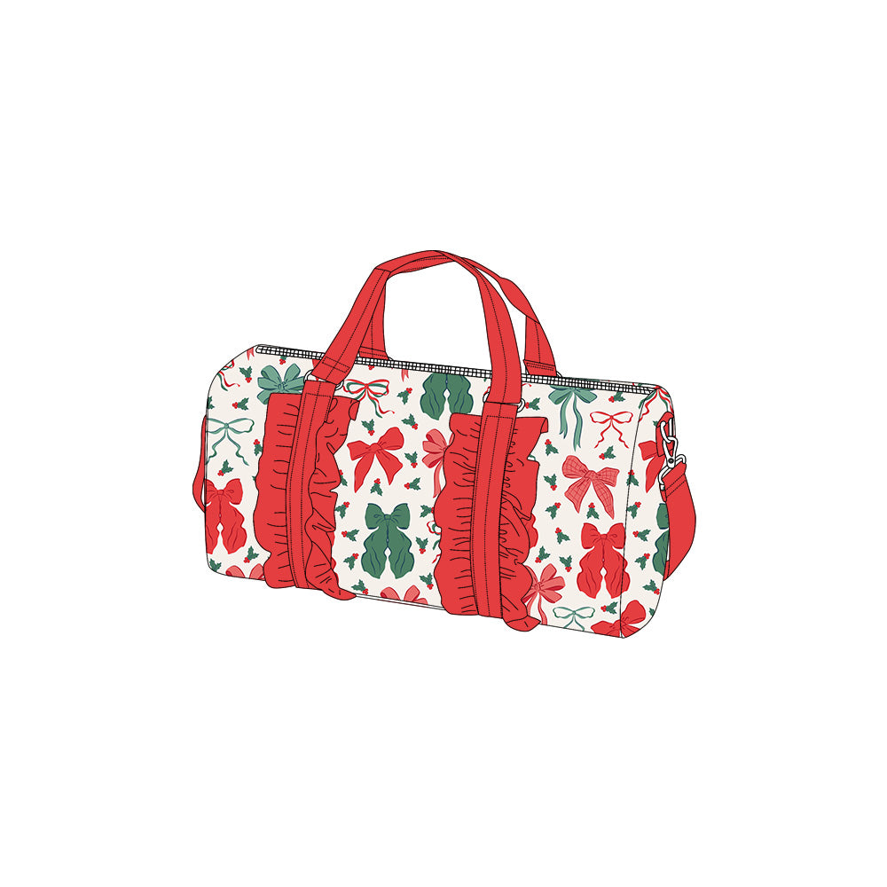 (Pre-order)BA0315 Red Green Bows Holly Print Girls Gym Christmas Bag Overnight Bags