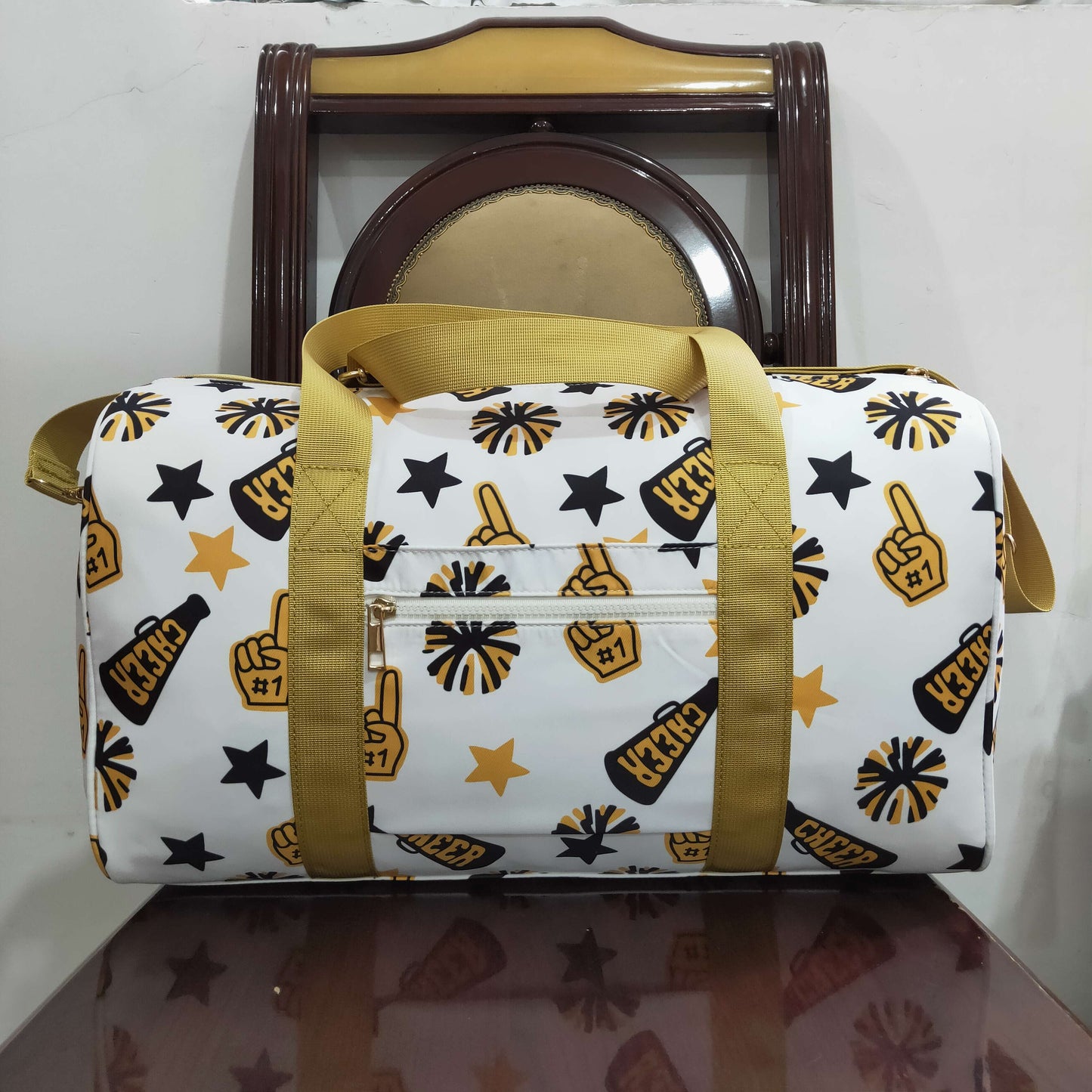 BA0370  Go Team Cheer Stars Yellow Print Girls Gym Bag Overnight Bags