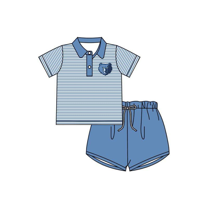 (Custom Design Preorder MOQ 5) Team's BEARS Stripes Polo Top Blue Shorts Boys Summer Clothes Set