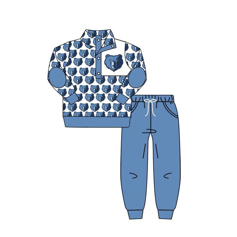 (Custom Design Preorder MOQ 5) Team's BEARS Blue Print Pullover Top Pockets Pants Boys Fall Clothes Set