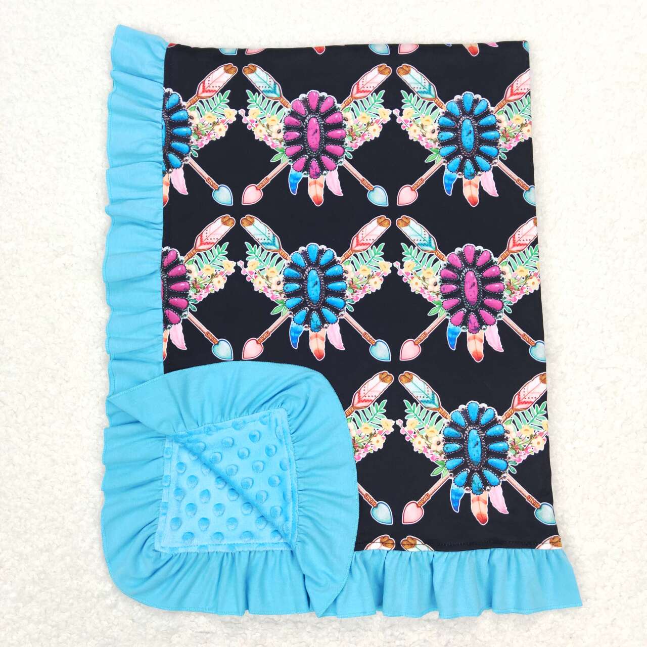 BL0052 Flowers Turquoise Print Western Baby Girls Blanket