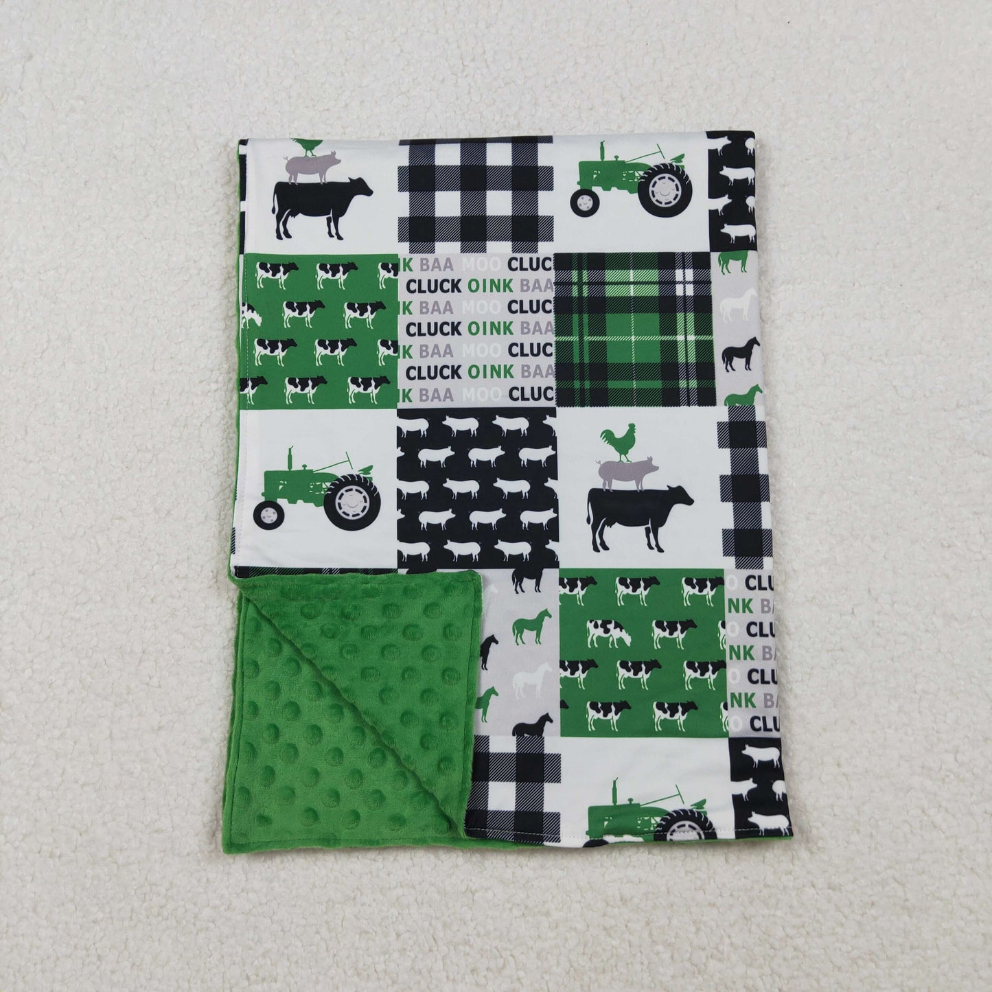BL0056 Farm Animals Green Tractors Plaid Print Baby Boys Blanket