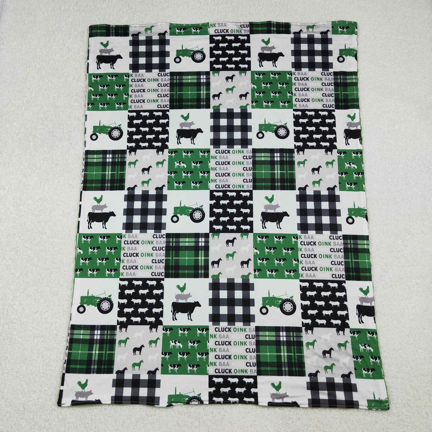 BL0056 Farm Animals Green Tractors Plaid Print Baby Boys Blanket