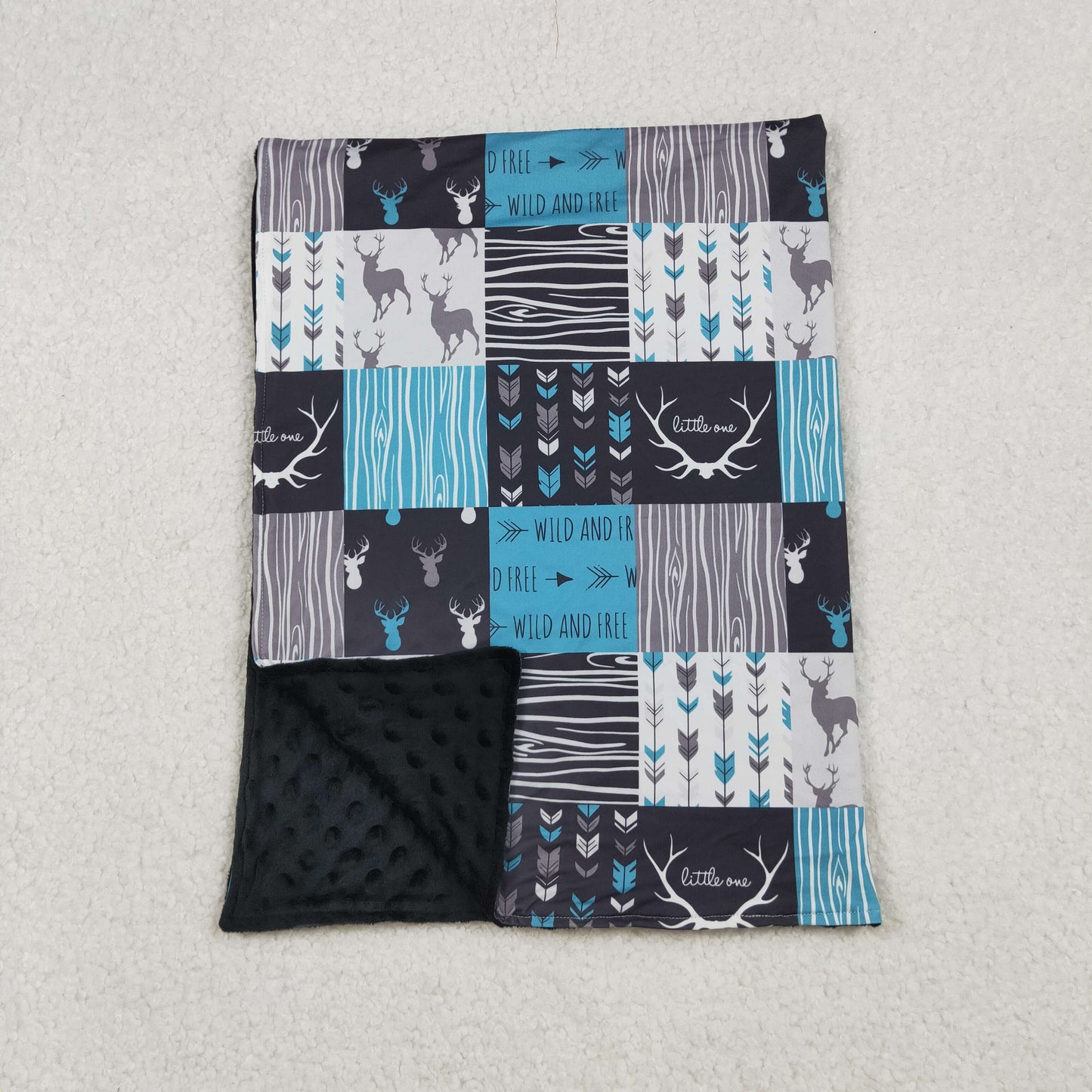 BL0074 Wild And Free Deer Blue Plaid Print Kids Blanket