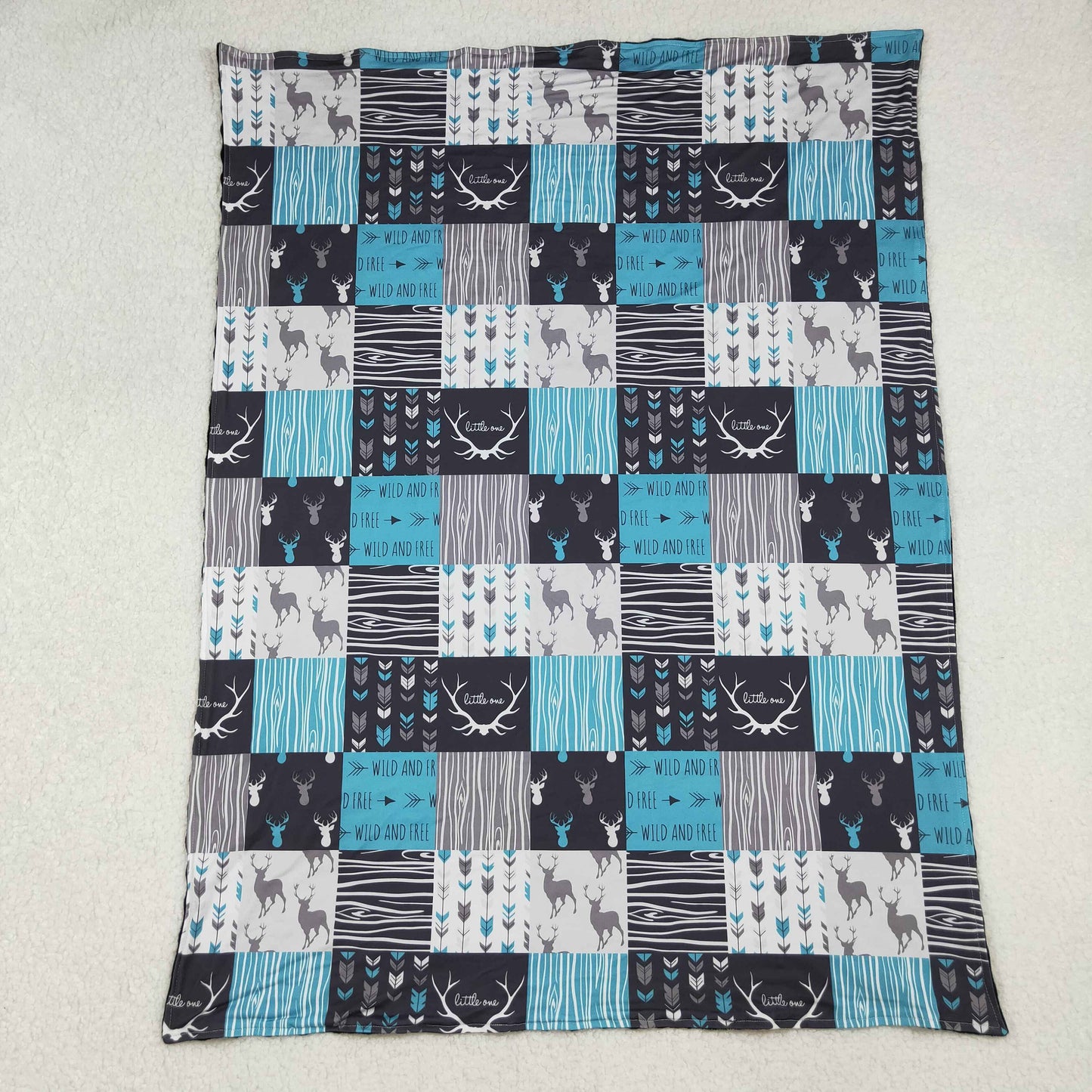 BL0074 Wild And Free Deer Blue Plaid Print Kids Blanket