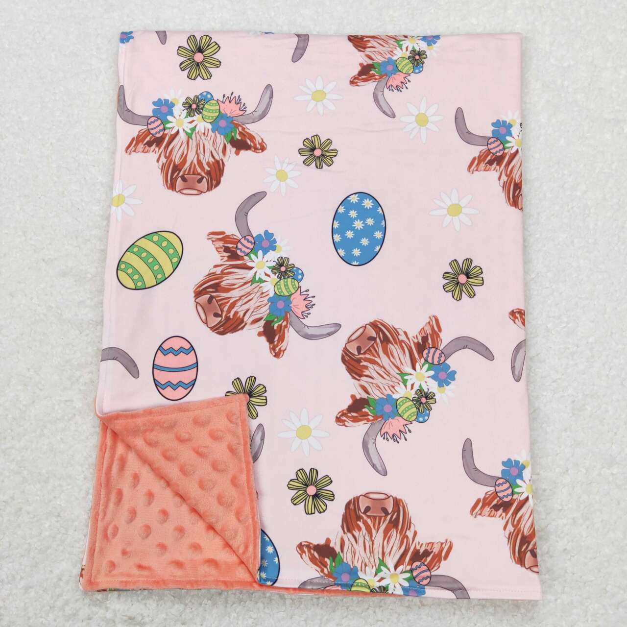 BL0095 Highland Cow Egg Flowers Print Baby Easter Minky Blanket