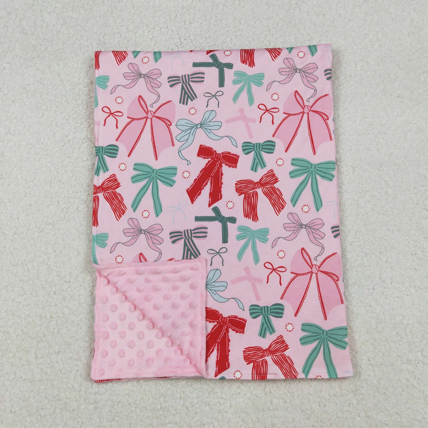 BL0218 Red Green Pink Bows Print Baby Girls Christmas Blanket