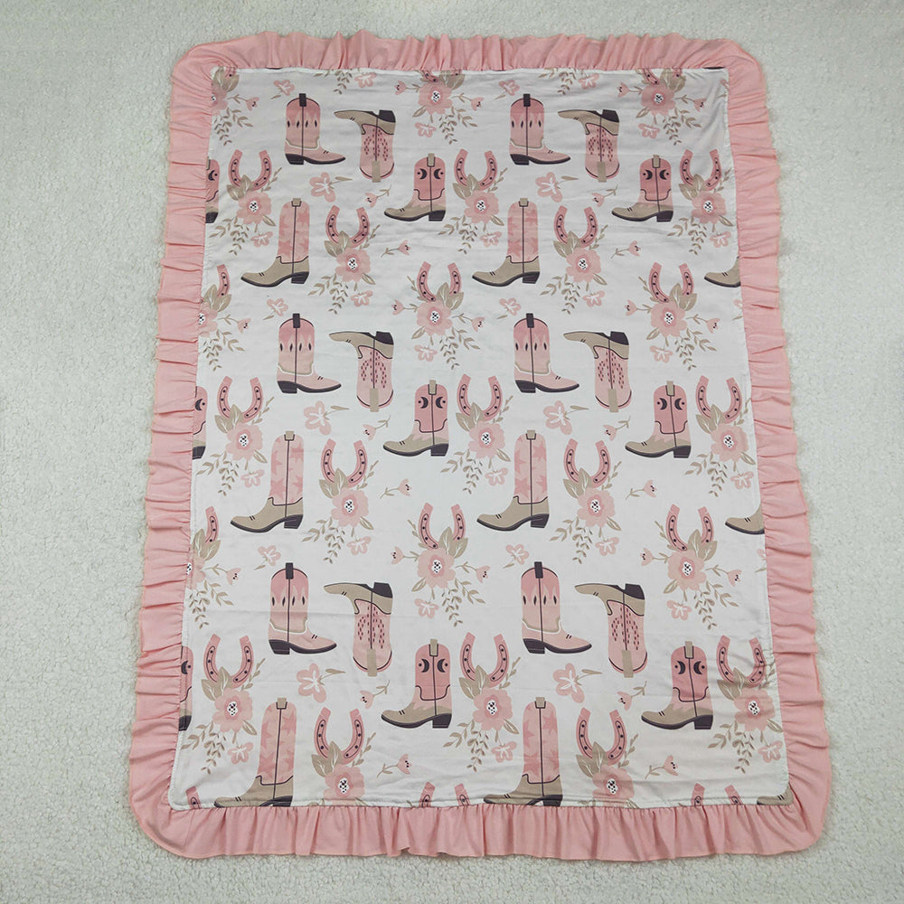 BL0246 Boots Flowers Pink Print Baby Girls Western Blanket