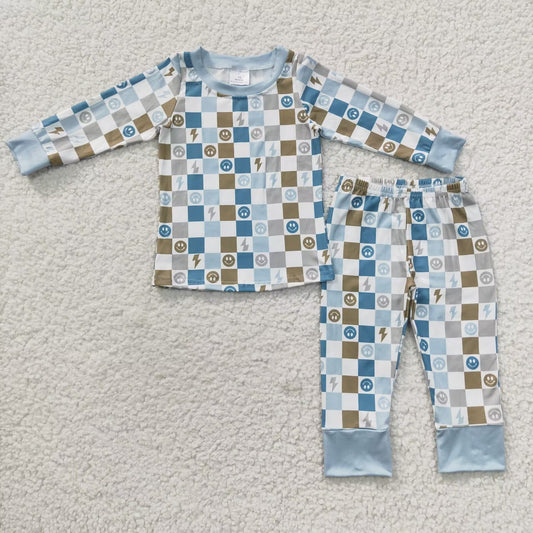 BLP0171 Boys long sleeve smiling face gingham print pajamas