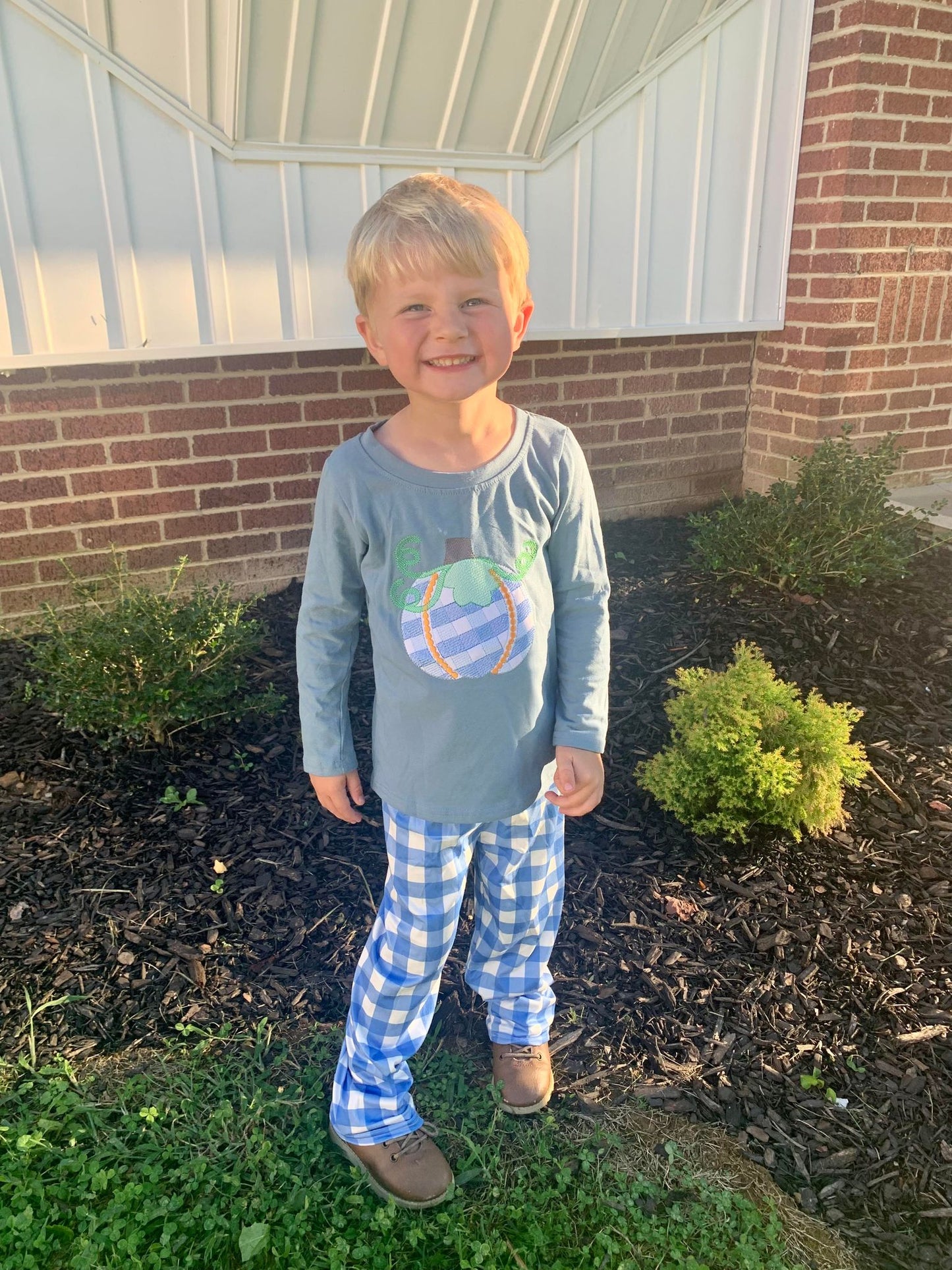 BLP0174 Boys pumpkin embroidery top blue plaid pants fall clothing sets
