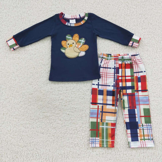 BLP0191 Turkey embroidery navy top Thanksgiving boys clothes set