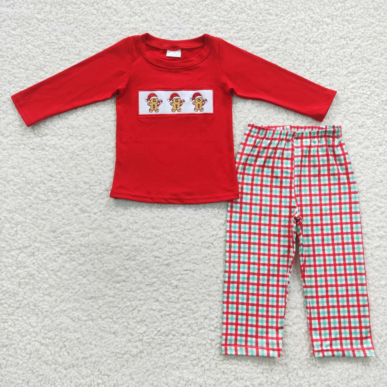 BLP0202 Boys Gingerbread embroidery red top plaid pants Christmas outfits