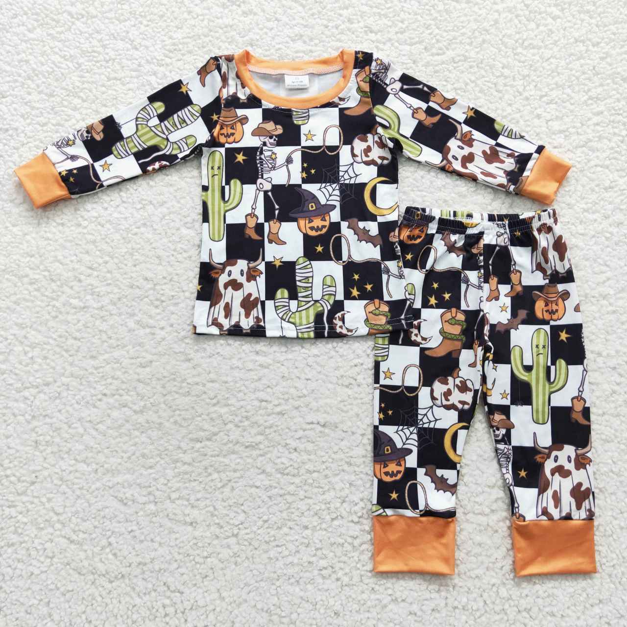BLP0207 Boys black gingham pumpkin western Halloween pajamas