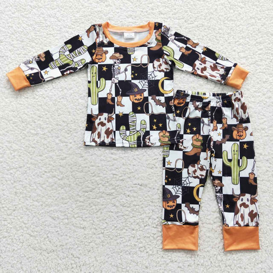 BLP0207 Boys black gingham pumpkin western Halloween pajamas