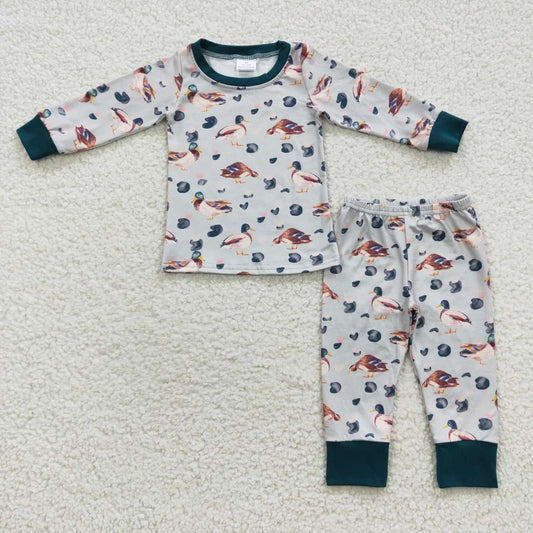 (Promotion)BLP0213 Boys green duck print fall pajamas