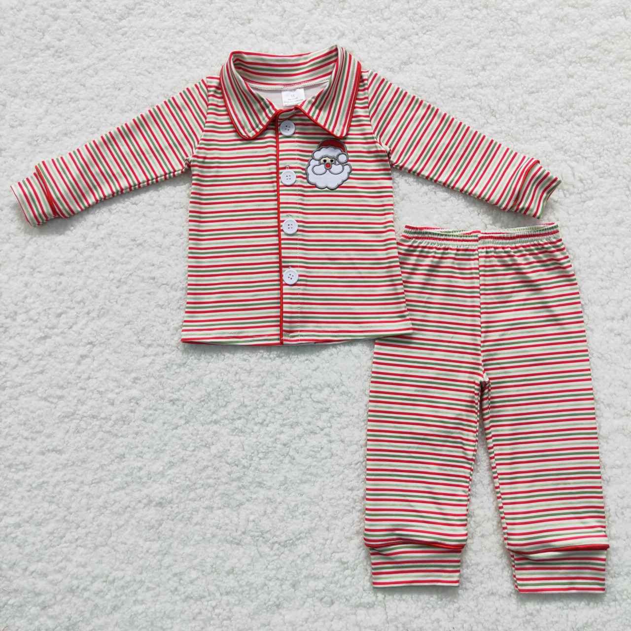 Santa Embroidery Red Green Stripes Print Family Christmas Pajamas Matching Clothes