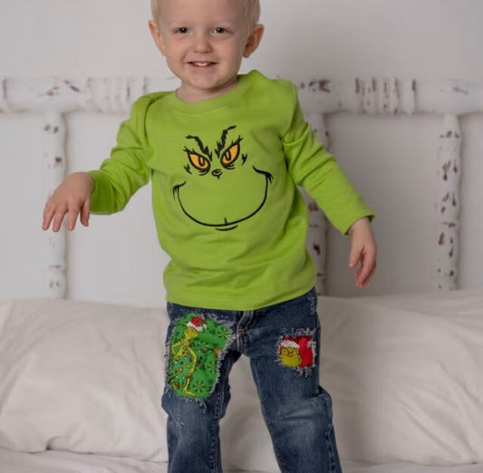 BLP0225 Christmas Frog Distressed Denim Pants Boys Clothes Set