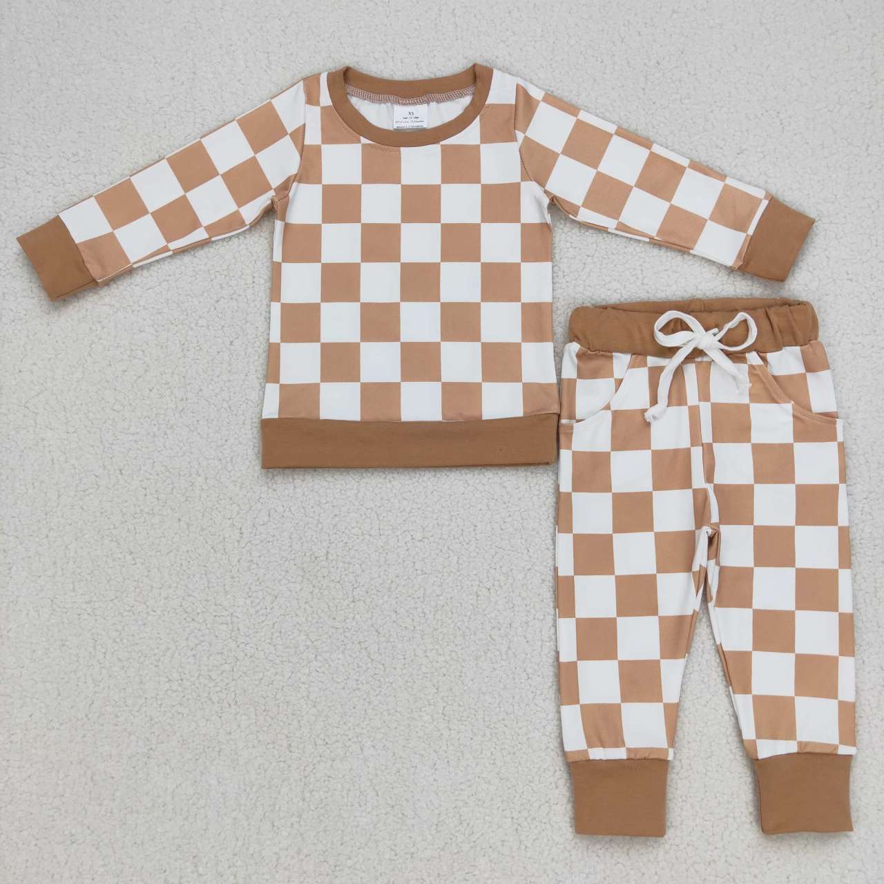 BLP0270 Checkered Kids Khaki Color Shirt Pants Pajamas Clothes Sets