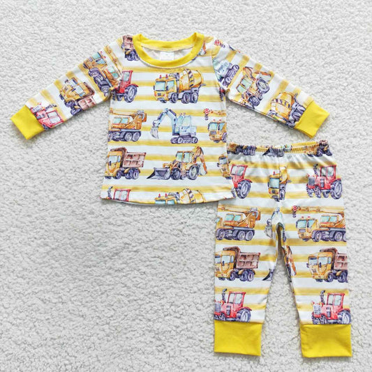 BLP0283 Yellow stripes construction print boys pajamas clothes set