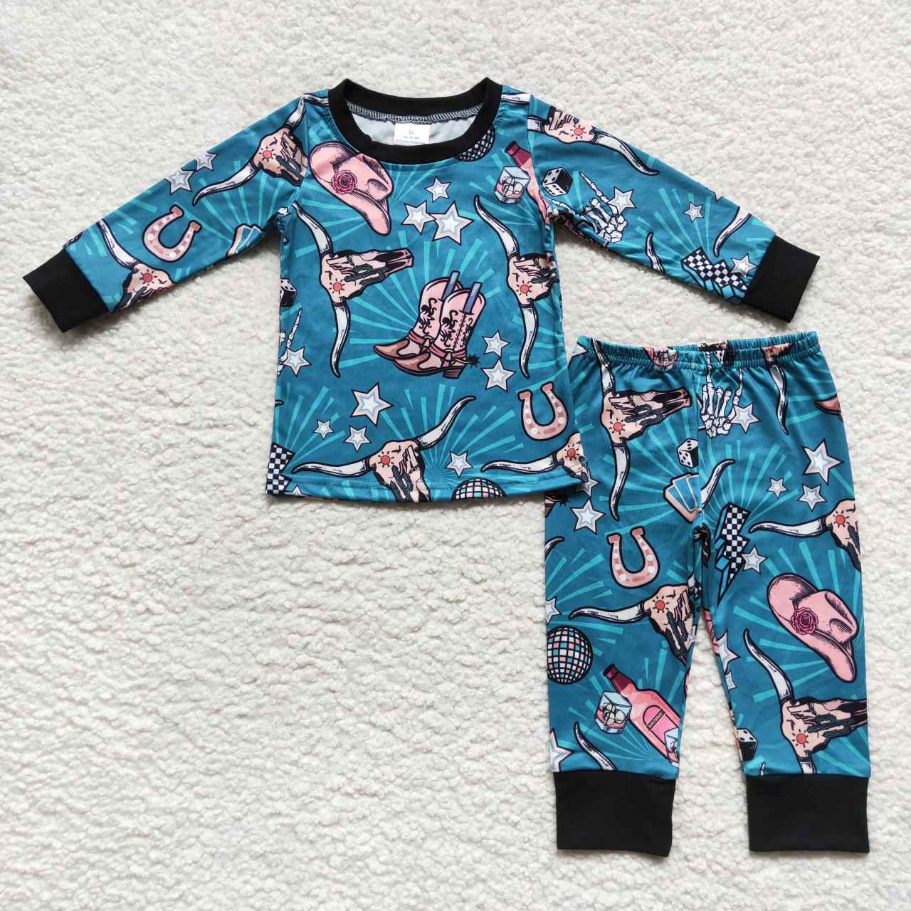 (Promotion)BLP0305 Green cactus cow skull print boys fall pajamas clothes set