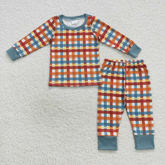 BLP0308 Plaid print boys fall pajamas clothes set