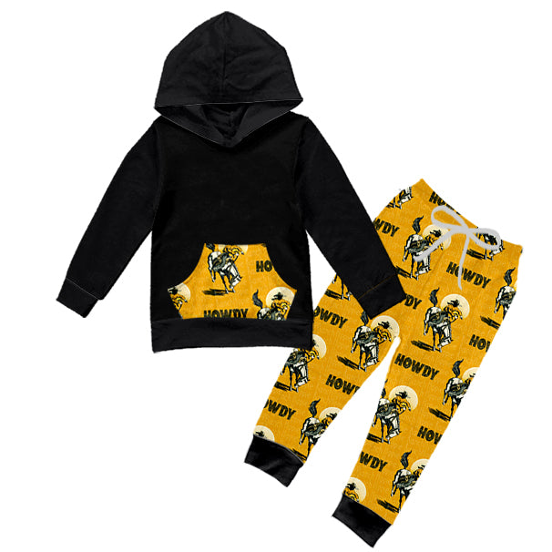 (Pre-order)BLP0349 Black hoodie top howdy cowboy print boys western clothes set