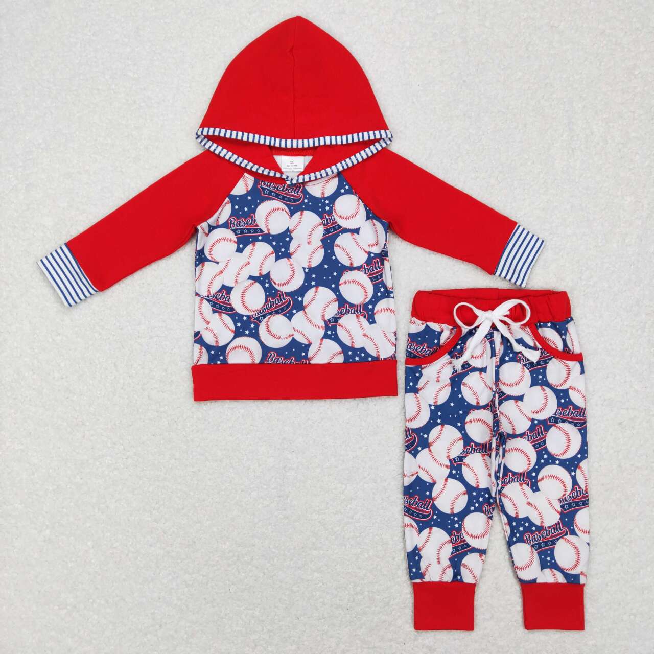 BLP0386 Red Baseball Print Boys Hoodie Top Clothes Set