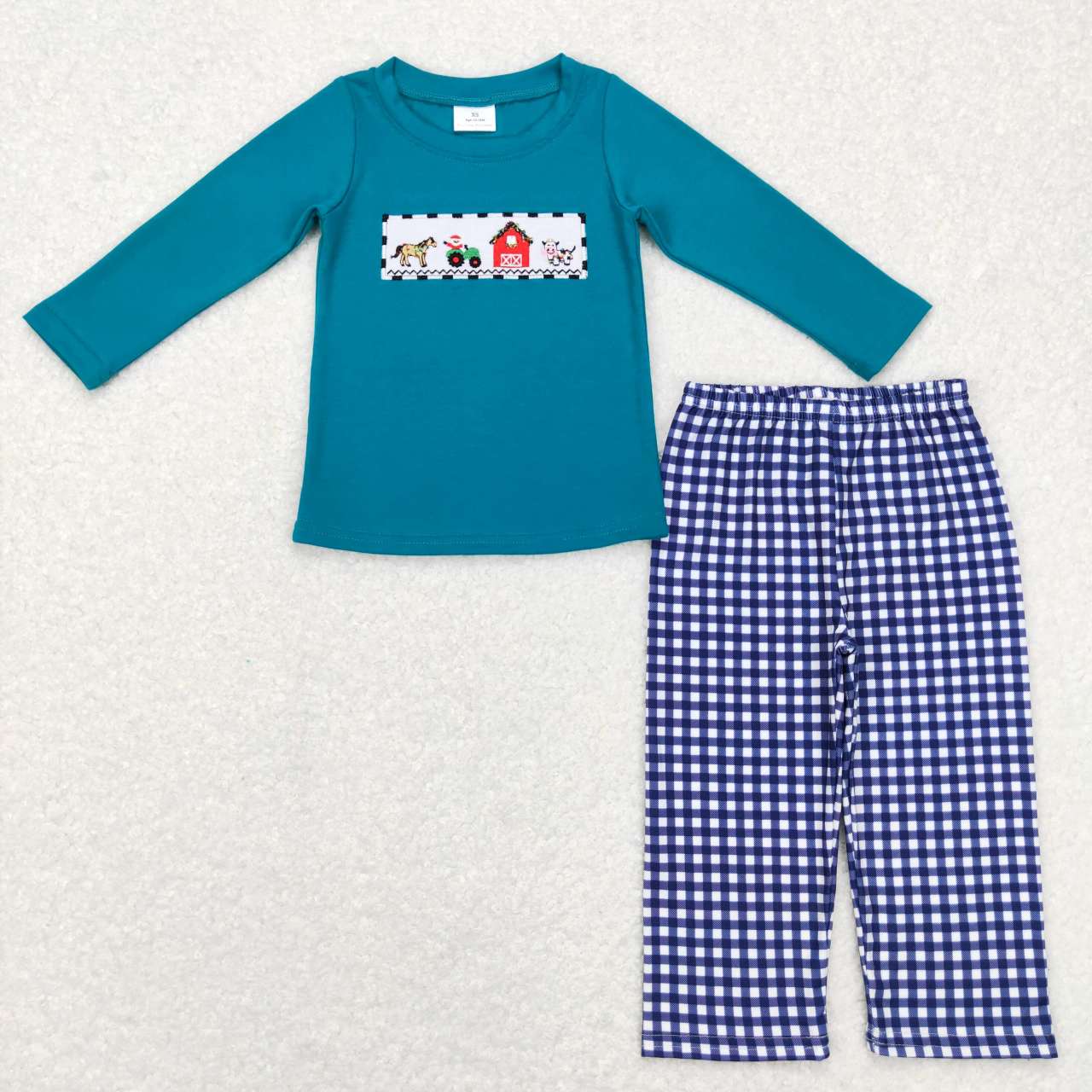 BLP0398 Farm Animals Embroidery Green Top Navy Plaid Pants Boys Clothes Set