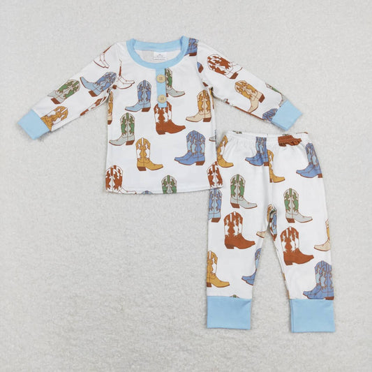 BLP0442 Blue Boots Print Boys Western Pajamas Clothes Set