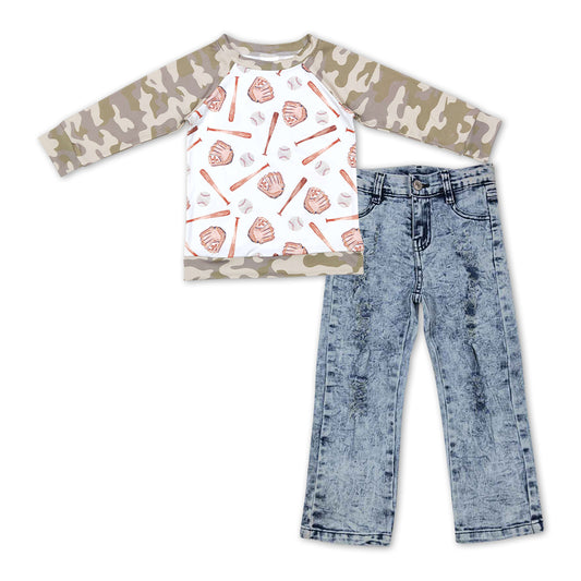 BLP0445 Camo Raglan Sleeve Baseball Grey Denim Jeans Boys Clothes Set