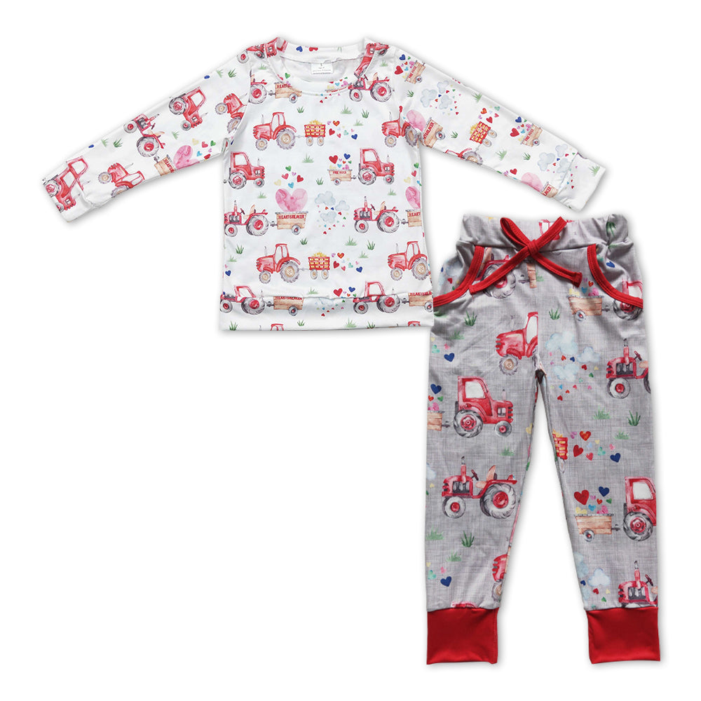 BLP0446 Tractors Heart Print Girls Valentine's Clothes Set