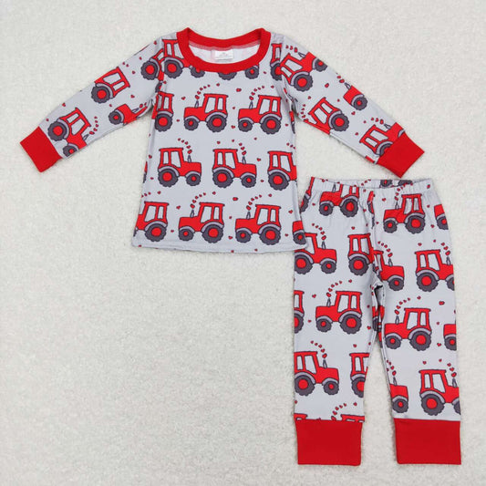 BLP0449  Tractors Heart Grey Print Kids Valentine's Pajamas Cothes Set