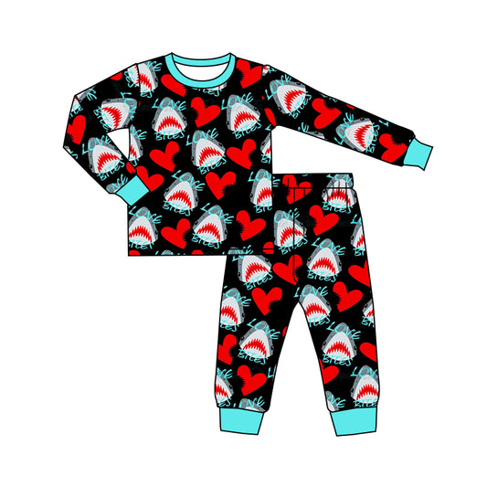 (Pre-order)BLP0451 Love Bites Shark Heart Print Boys Valentine's Pajamas Cothes Set