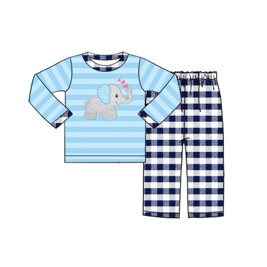 (Pre-order)BLP0454  Elephant Blue Stripes Top Navy Plaid Pants Boys Clothes Set